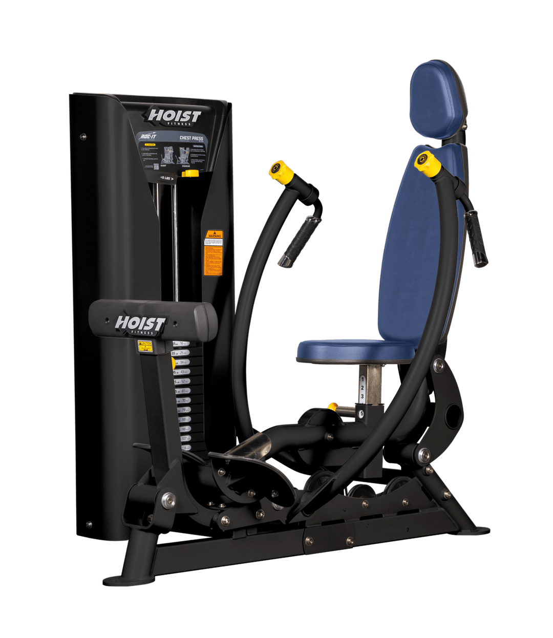 Hoist commercial chest press machine with adjustable seat, backrest, and converging press arms for chest training