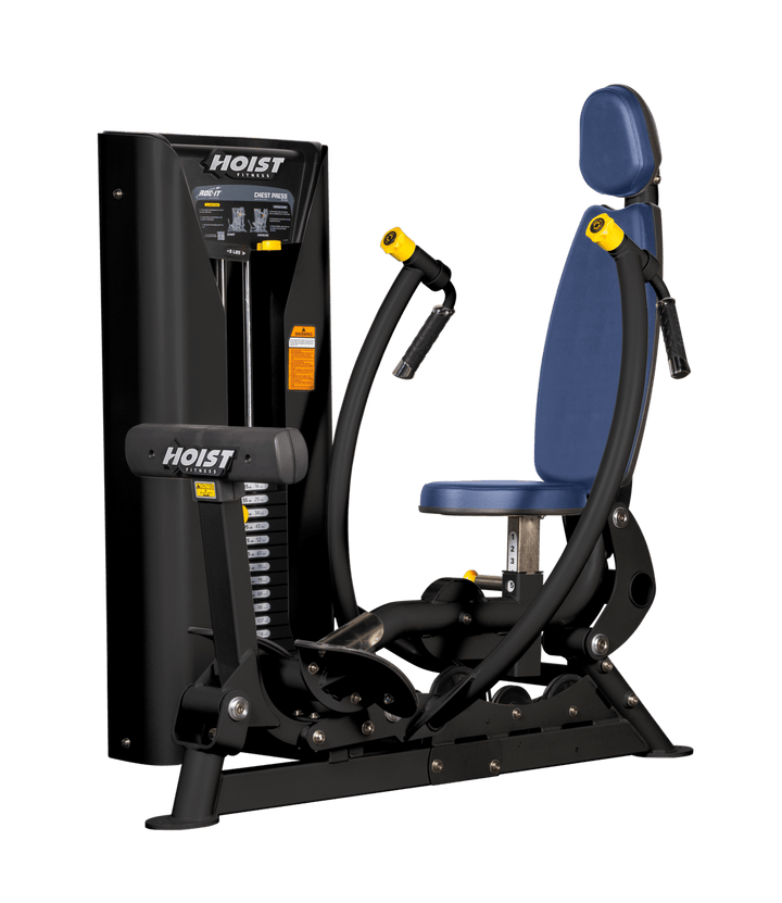 Hoist commercial chest press machine with adjustable seat, backrest, and converging press arms for chest training