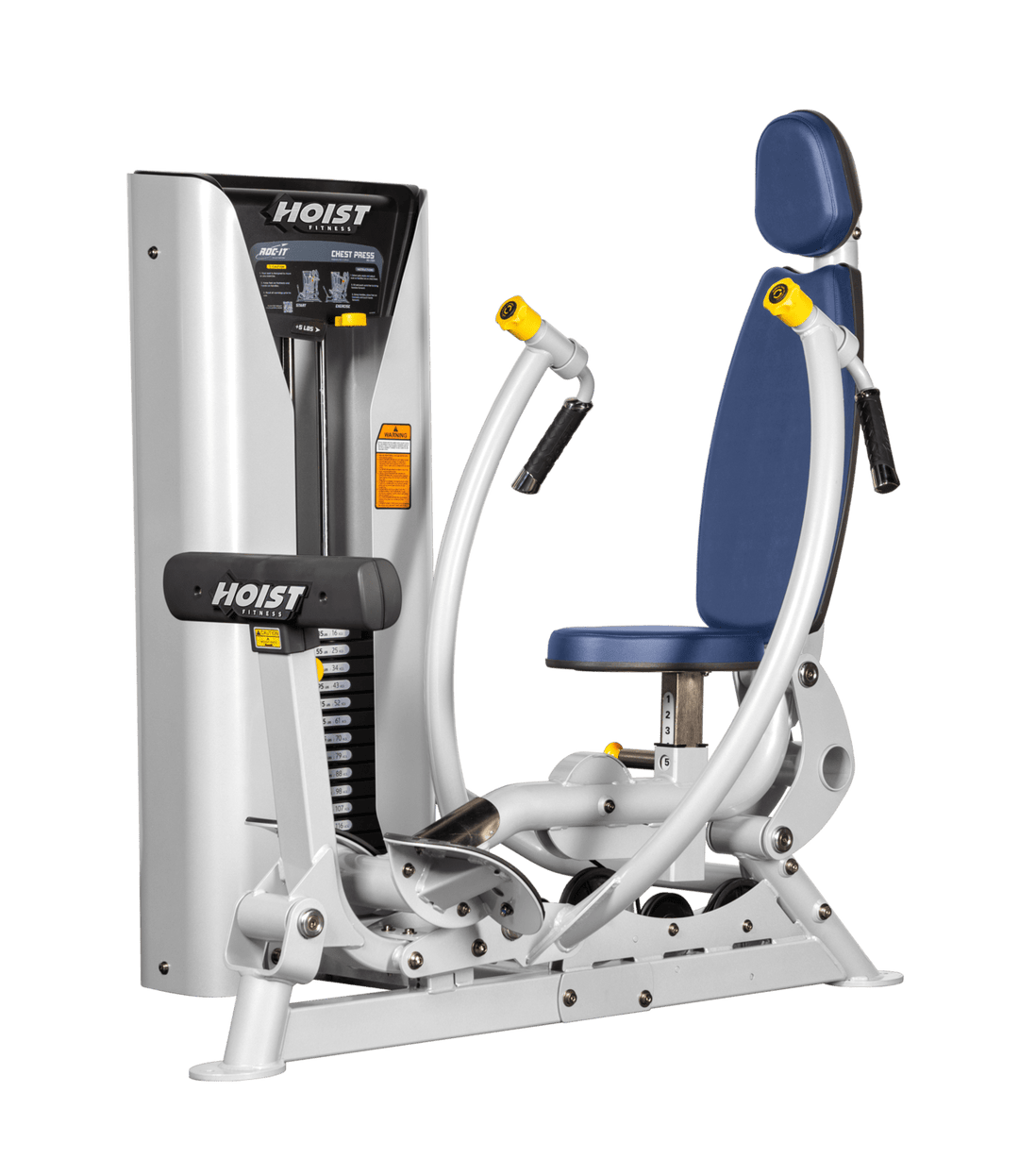 Hoist commercial chest press machine with adjustable seat, backrest, and converging press arms for chest training
