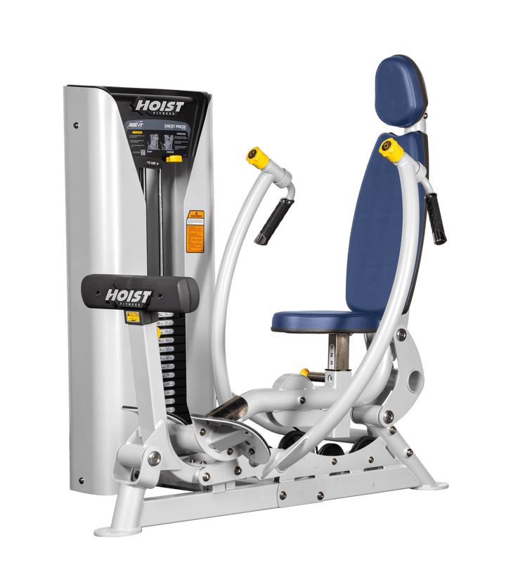 Hoist commercial chest press machine with adjustable seat, backrest, and converging press arms for chest training