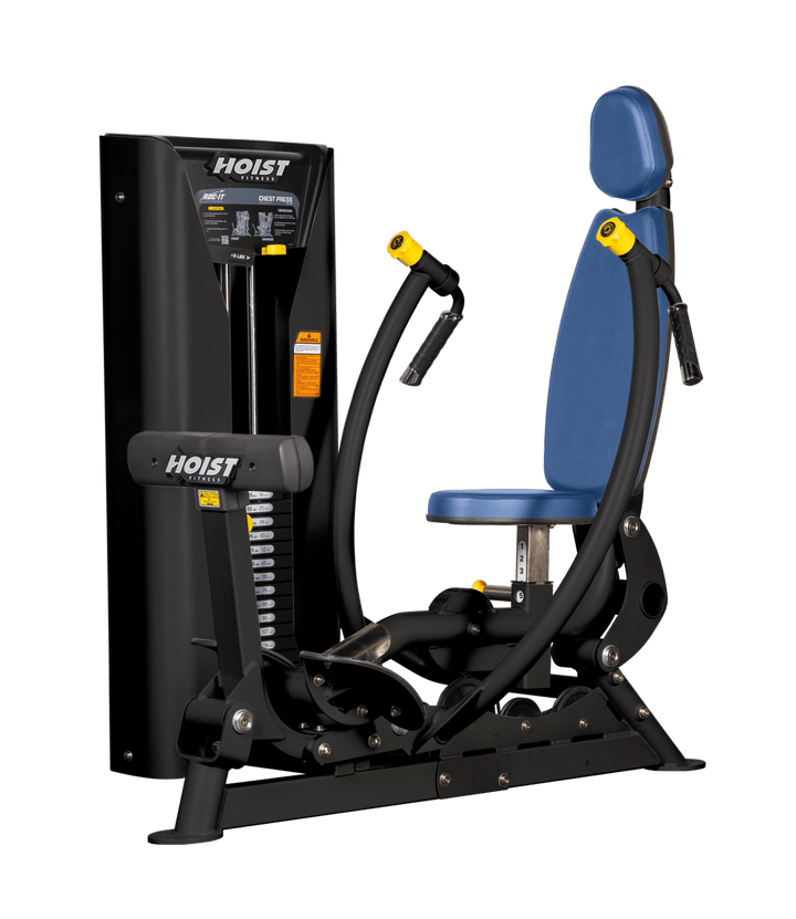 Hoist commercial chest press machine with adjustable seat, backrest, and converging press arms for chest training