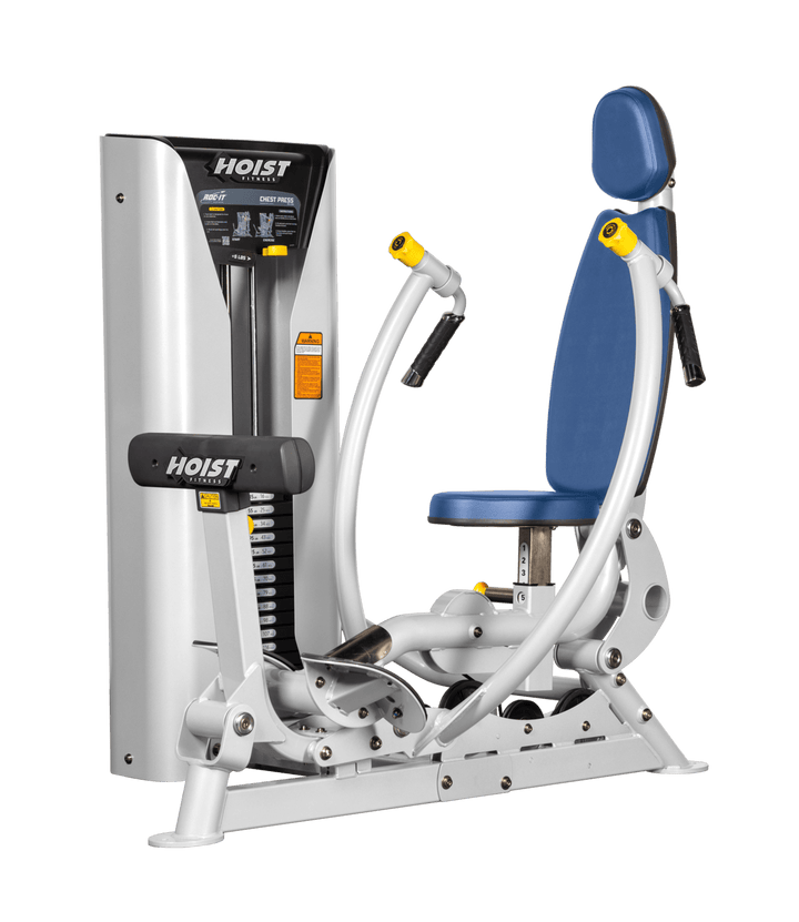 Hoist commercial chest press machine with adjustable seat, backrest, and converging press arms for chest training