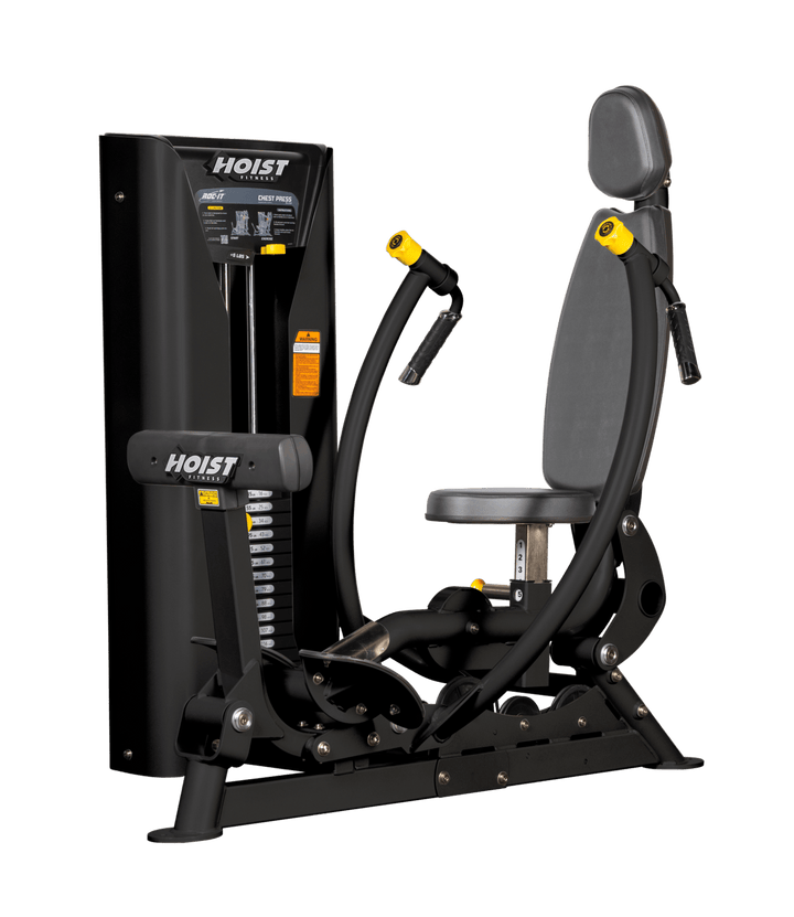 Hoist commercial chest press machine with adjustable seat, backrest, and converging press arms for chest training