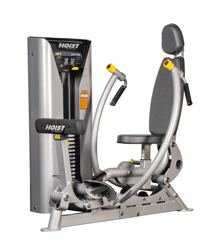 Hoist commercial chest press machine with adjustable seat, backrest, and converging press arms for chest training