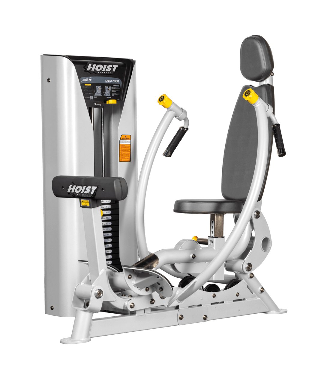 Hoist commercial chest press machine with adjustable seat, backrest, and converging press arms for chest training