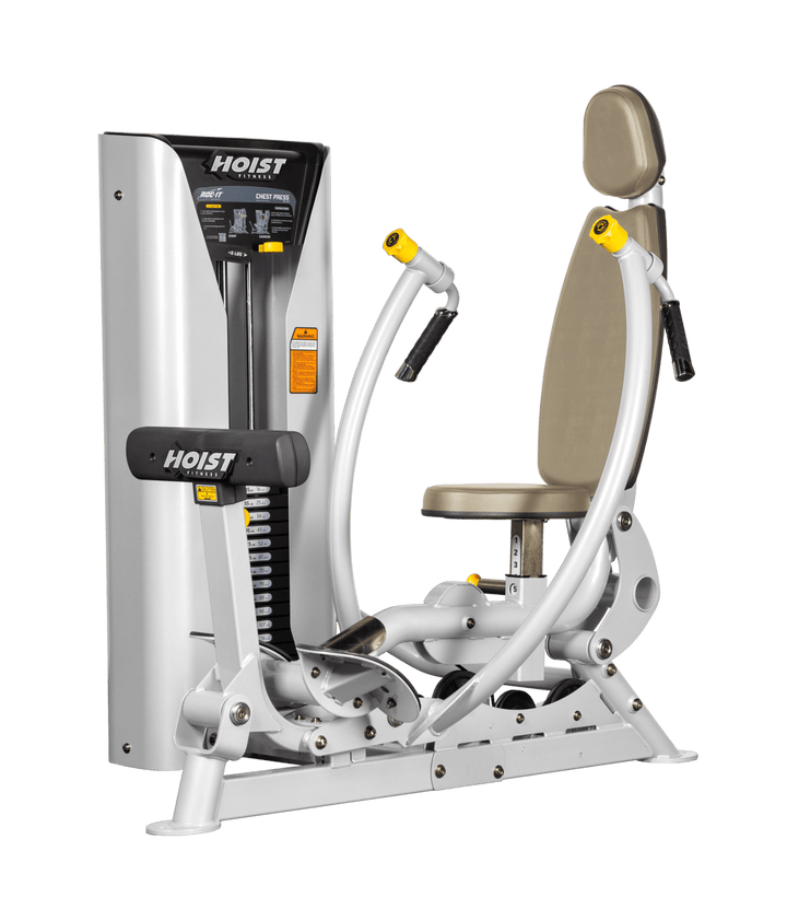 Hoist commercial chest press machine with adjustable seat, backrest, and converging press arms for chest training