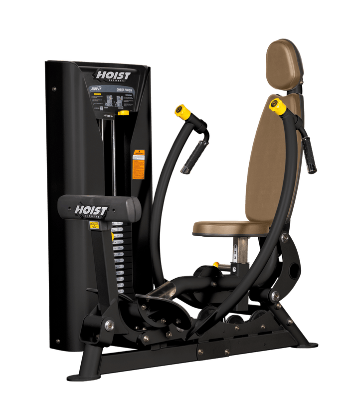 Hoist commercial chest press machine with adjustable seat, backrest, and converging press arms for chest training