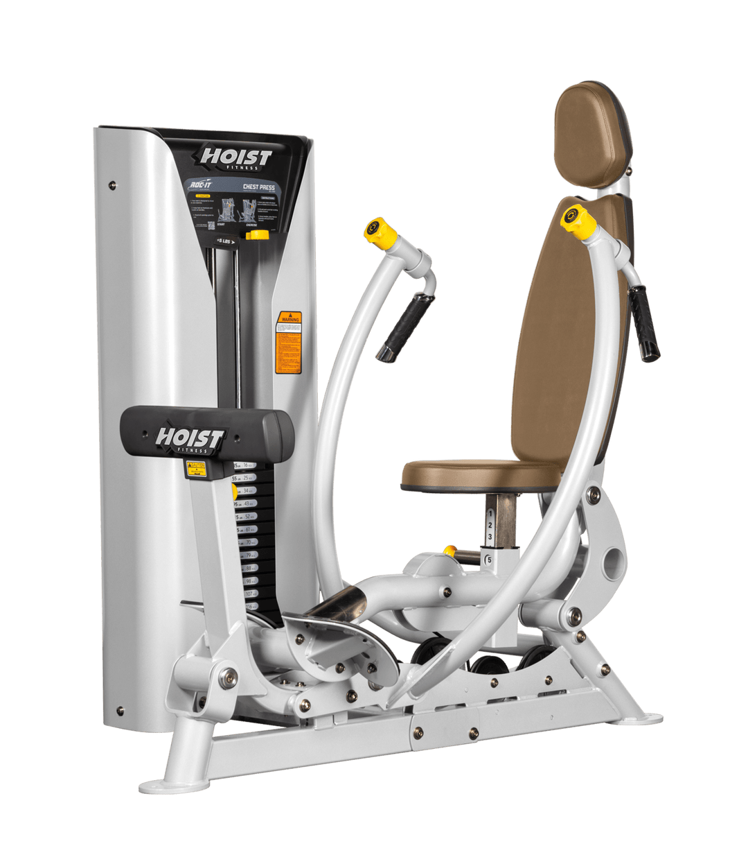 Hoist commercial chest press machine with adjustable seat, backrest, and converging press arms for chest training