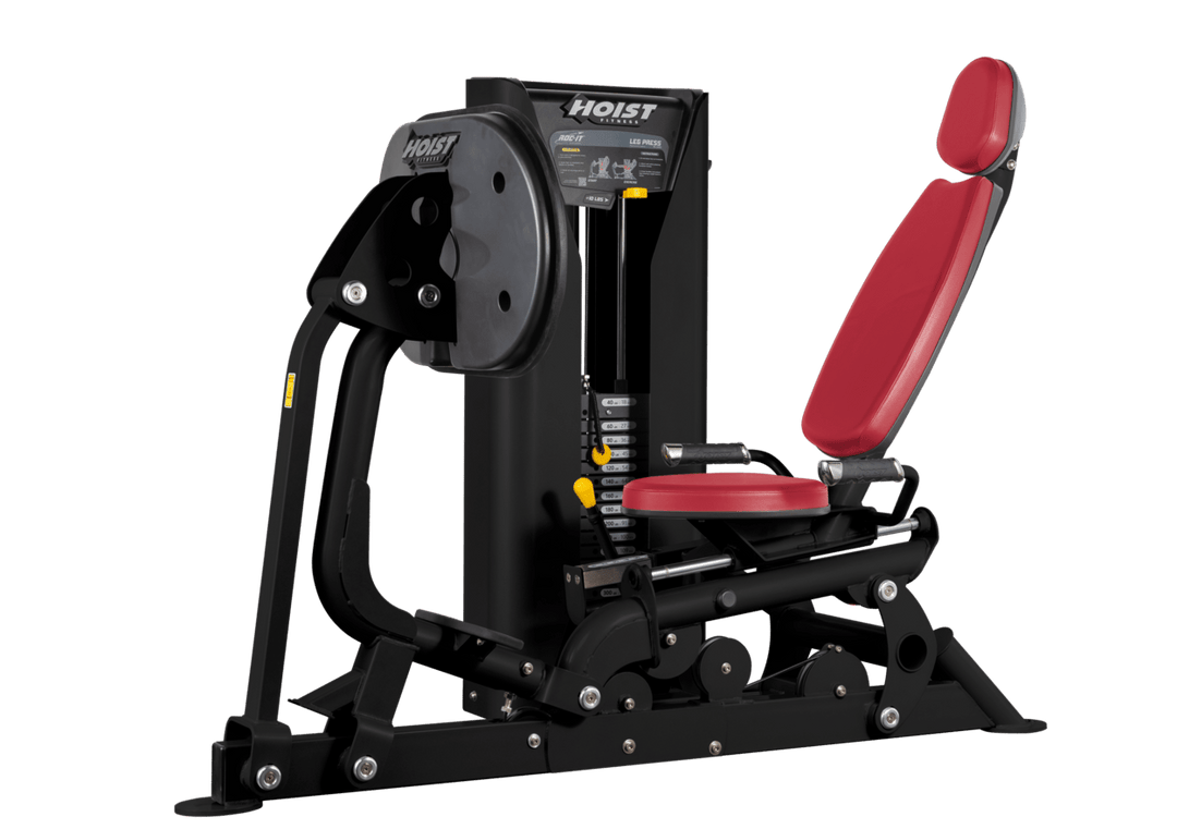 Hoist selectorized leg press machine with ergonomic seat, angled backrest, and large footplate for lower body strength training