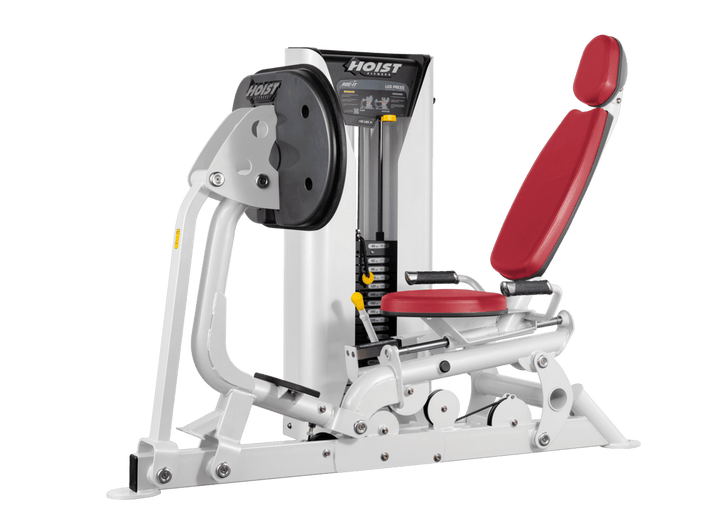 Hoist selectorized leg press machine with ergonomic seat, angled backrest, and large footplate for lower body strength training