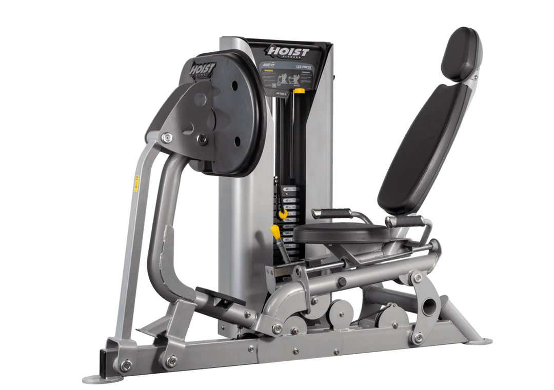 Hoist selectorized leg press machine with ergonomic seat, angled backrest, and large footplate for lower body strength training
