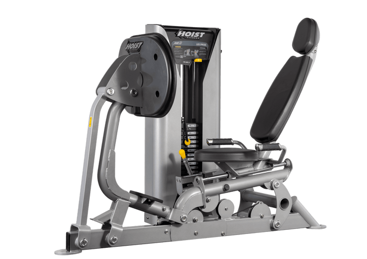 Hoist selectorized leg press machine with ergonomic seat, angled backrest, and large footplate for lower body strength training