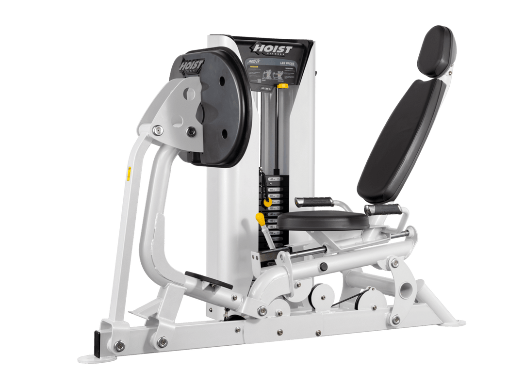 Hoist selectorized leg press machine with ergonomic seat, angled backrest, and large footplate for lower body strength training