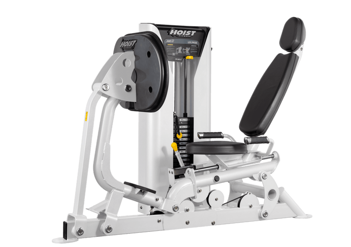 Hoist selectorized leg press machine with ergonomic seat, angled backrest, and large footplate for lower body strength training
