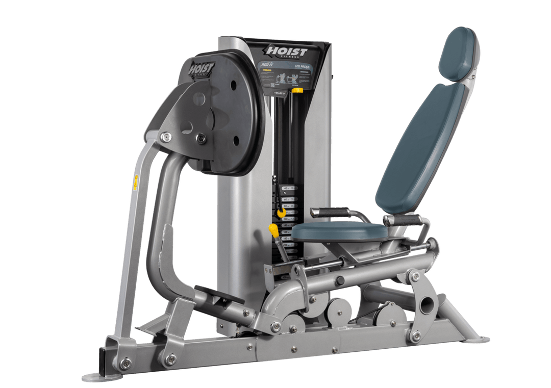Hoist selectorized leg press machine with ergonomic seat, angled backrest, and large footplate for lower body strength training