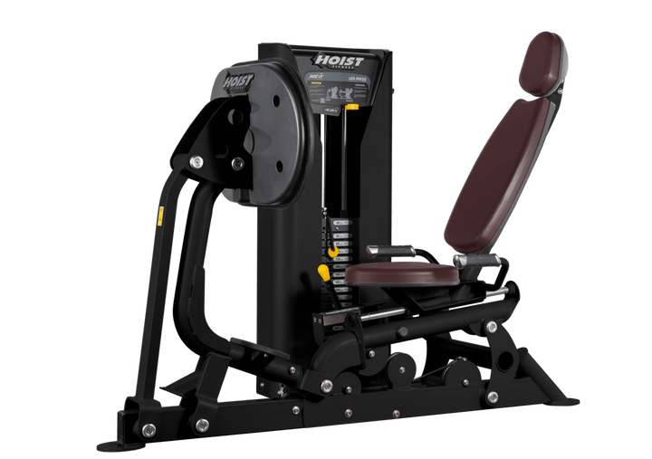 Hoist selectorized leg press machine with ergonomic seat, angled backrest, and large footplate for lower body strength training