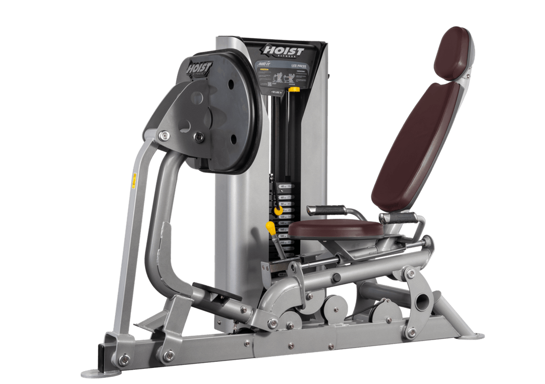 Hoist selectorized leg press machine with ergonomic seat, angled backrest, and large footplate for lower body strength training