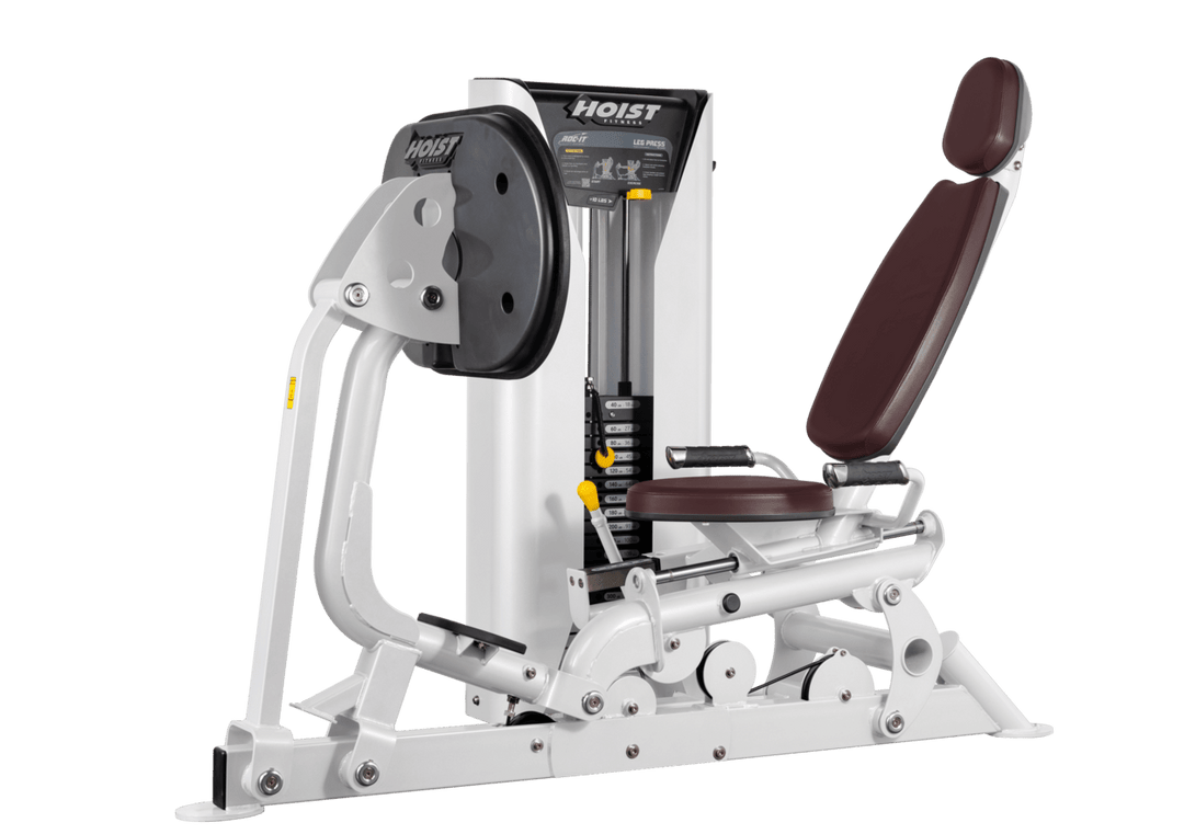 Hoist selectorized leg press machine with ergonomic seat, angled backrest, and large footplate for lower body strength training