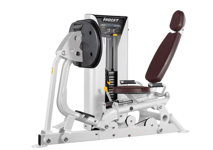 Hoist selectorized leg press machine with ergonomic seat, angled backrest, and large footplate for lower body strength training