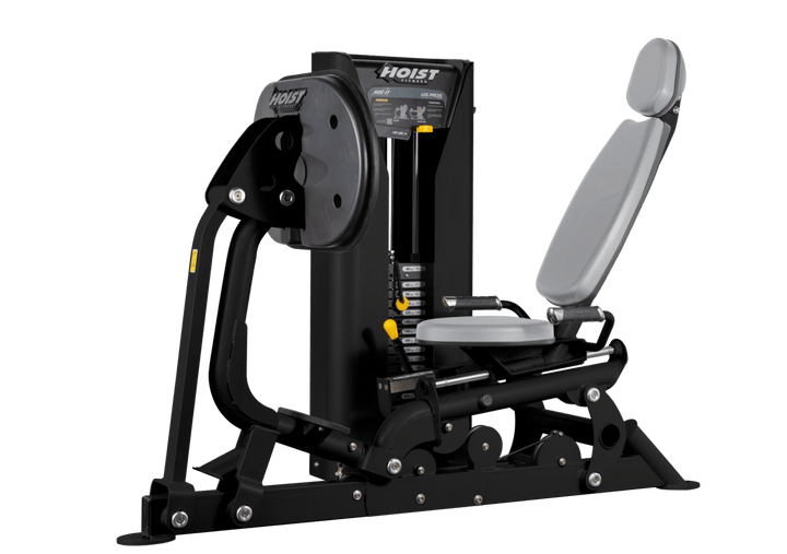 Hoist selectorized leg press machine with ergonomic seat, angled backrest, and large footplate for lower body strength training