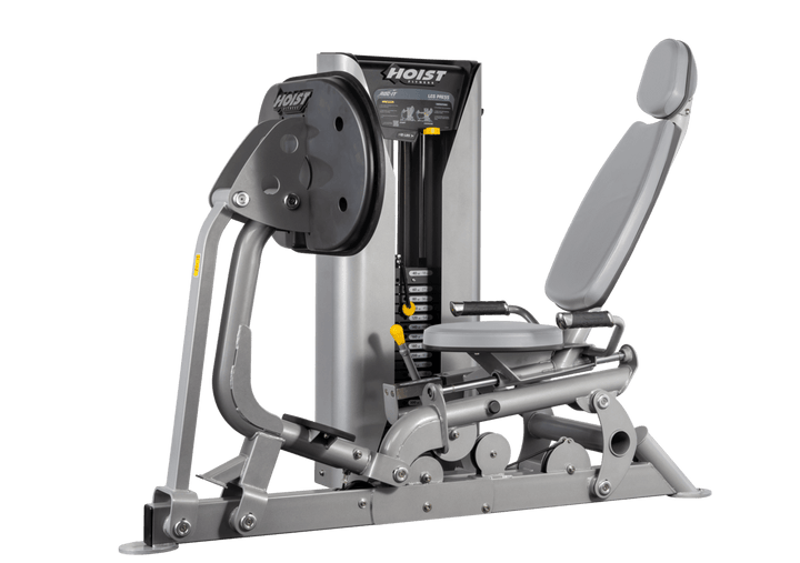 Hoist selectorized leg press machine with ergonomic seat, angled backrest, and large footplate for lower body strength training