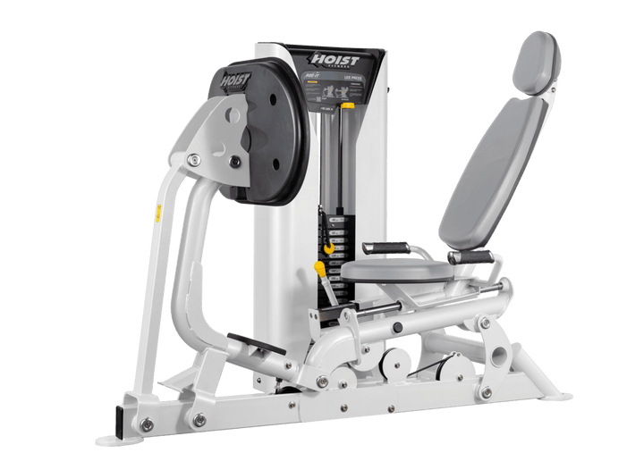 Hoist selectorized leg press machine with ergonomic seat, angled backrest, and large footplate for lower body strength training