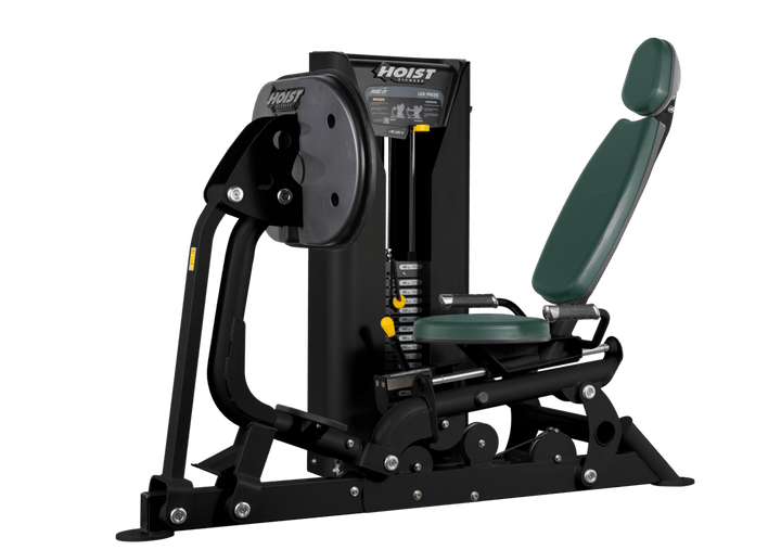 Hoist selectorized leg press machine with ergonomic seat, angled backrest, and large footplate for lower body strength training