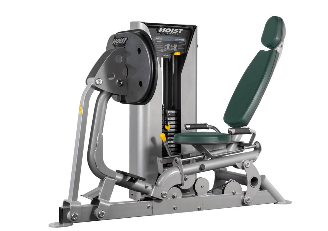 Hoist selectorized leg press machine with ergonomic seat, angled backrest, and large footplate for lower body strength training