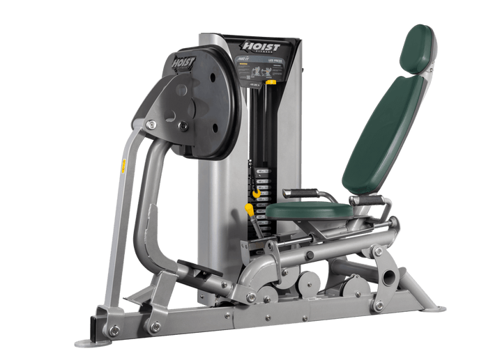 Hoist selectorized leg press machine with ergonomic seat, angled backrest, and large footplate for lower body strength training