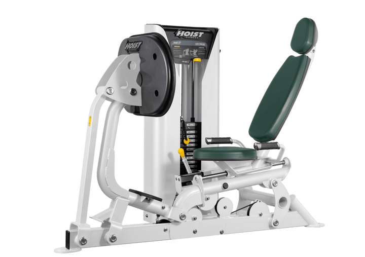 Hoist selectorized leg press machine with ergonomic seat, angled backrest, and large footplate for lower body strength training