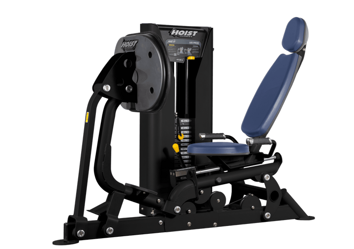 Hoist selectorized leg press machine with ergonomic seat, angled backrest, and large footplate for lower body strength training