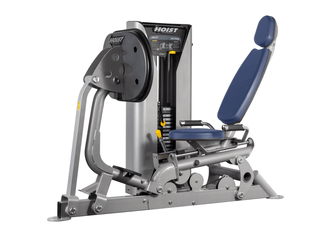 Hoist selectorized leg press machine with ergonomic seat, angled backrest, and large footplate for lower body strength training