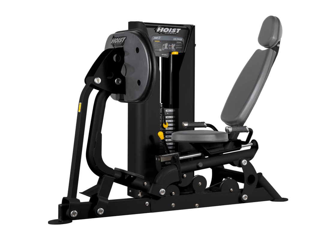 Hoist selectorized leg press machine with ergonomic seat, angled backrest, and large footplate for lower body strength training