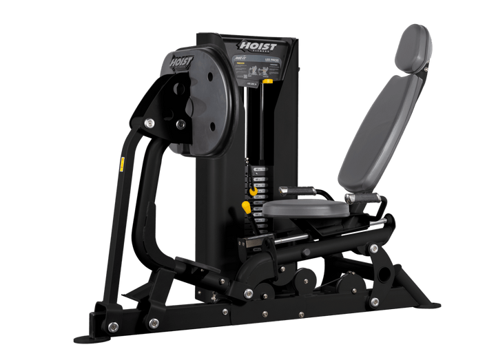 Hoist selectorized leg press machine with ergonomic seat, angled backrest, and large footplate for lower body strength training