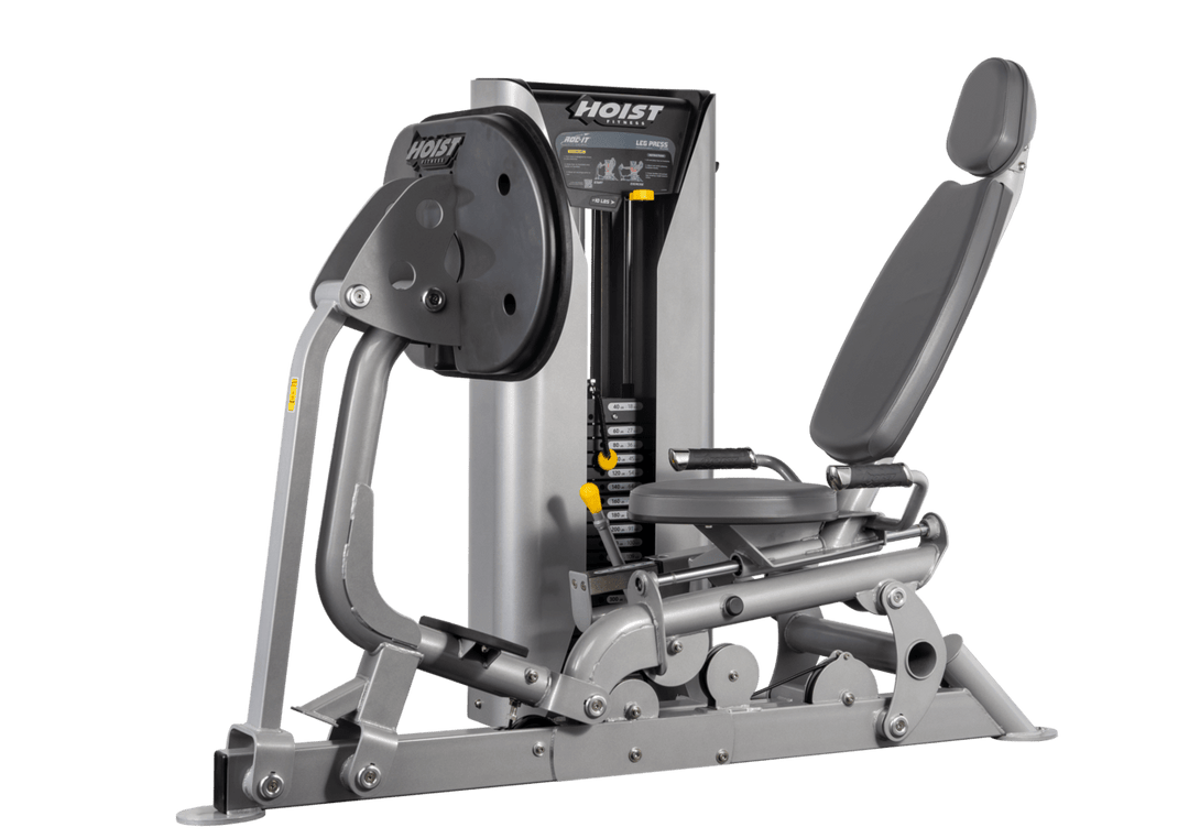 Hoist selectorized leg press machine with ergonomic seat, angled backrest, and large footplate for lower body strength training