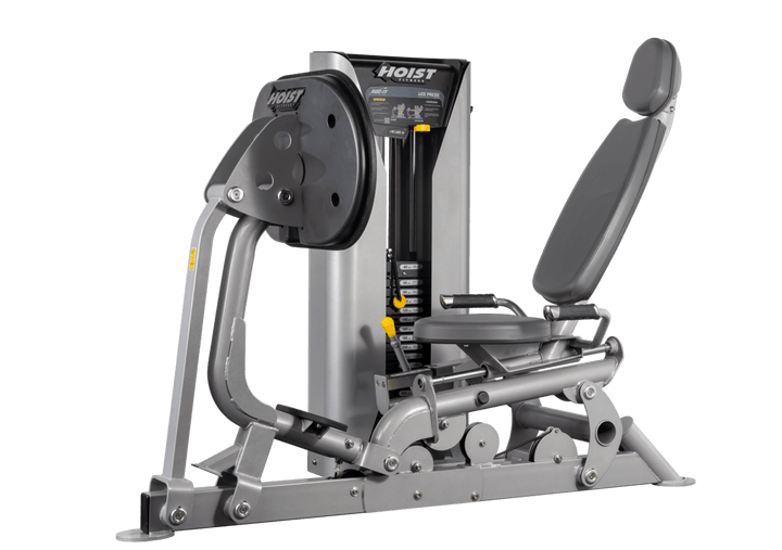 Hoist selectorized leg press machine with ergonomic seat, angled backrest, and large footplate for lower body strength training