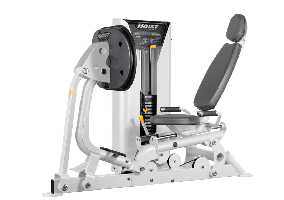 Hoist selectorized leg press machine with ergonomic seat, angled backrest, and large footplate for lower body strength training