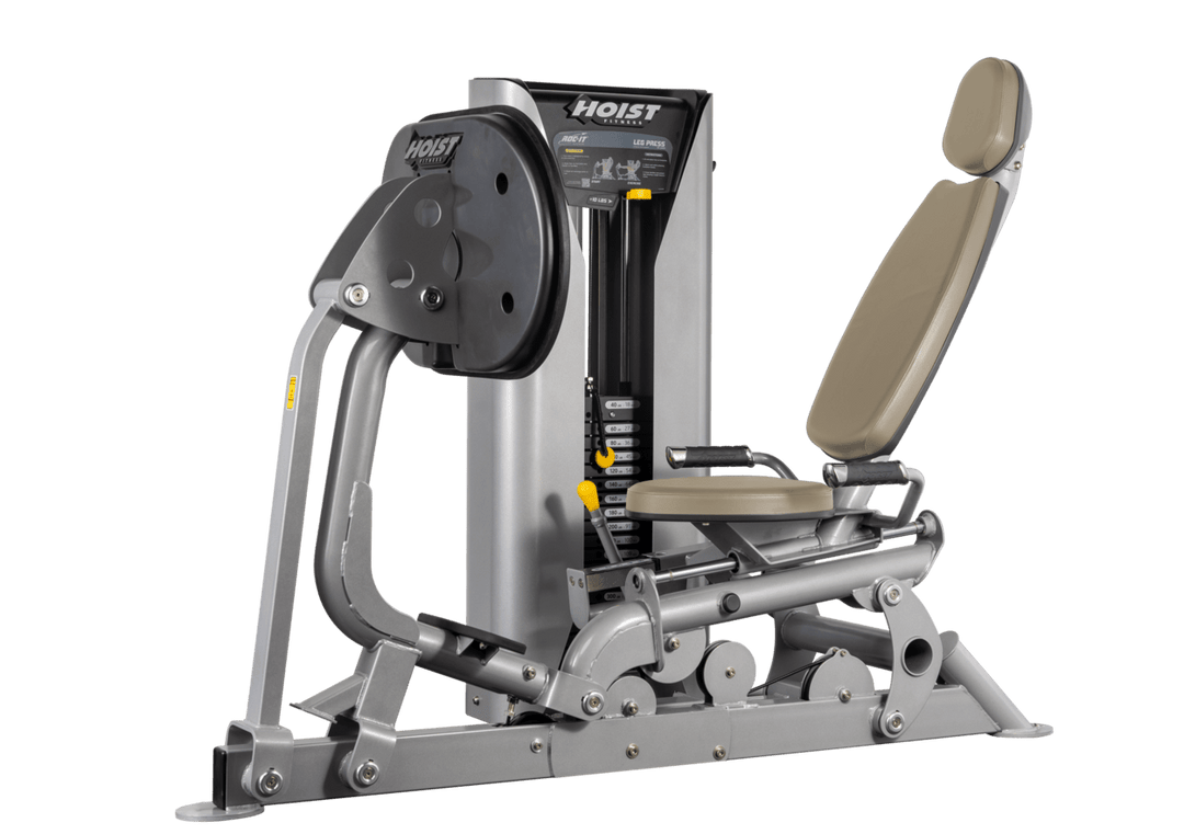 Hoist selectorized leg press machine with ergonomic seat, angled backrest, and large footplate for lower body strength training