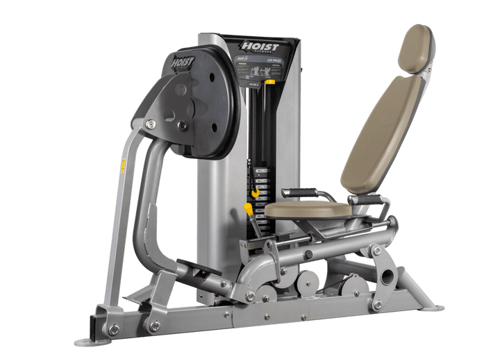 Hoist selectorized leg press machine with ergonomic seat, angled backrest, and large footplate for lower body strength training