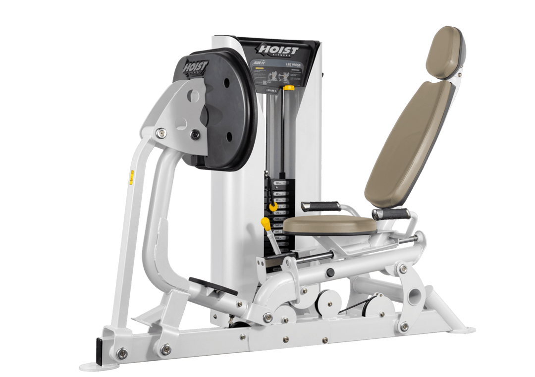 Hoist selectorized leg press machine with ergonomic seat, angled backrest, and large footplate for lower body strength training