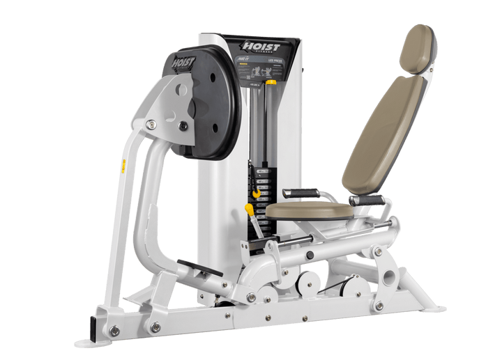 Hoist selectorized leg press machine with ergonomic seat, angled backrest, and large footplate for lower body strength training