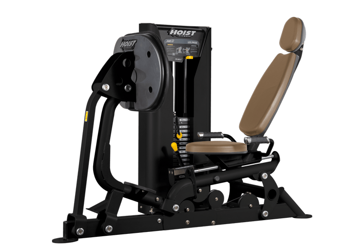 Hoist selectorized leg press machine with ergonomic seat, angled backrest, and large footplate for lower body strength training