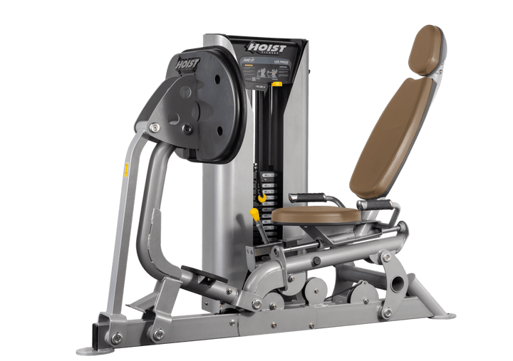 Hoist selectorized leg press machine with ergonomic seat, angled backrest, and large footplate for lower body strength training