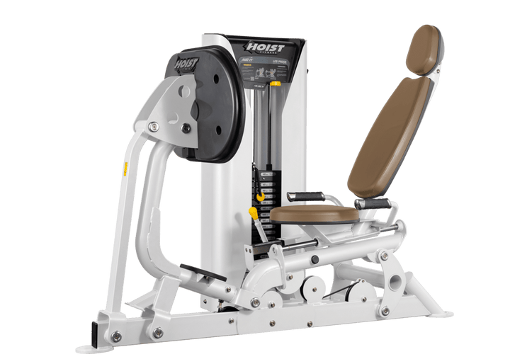 Hoist selectorized leg press machine with ergonomic seat, angled backrest, and large footplate for lower body strength training