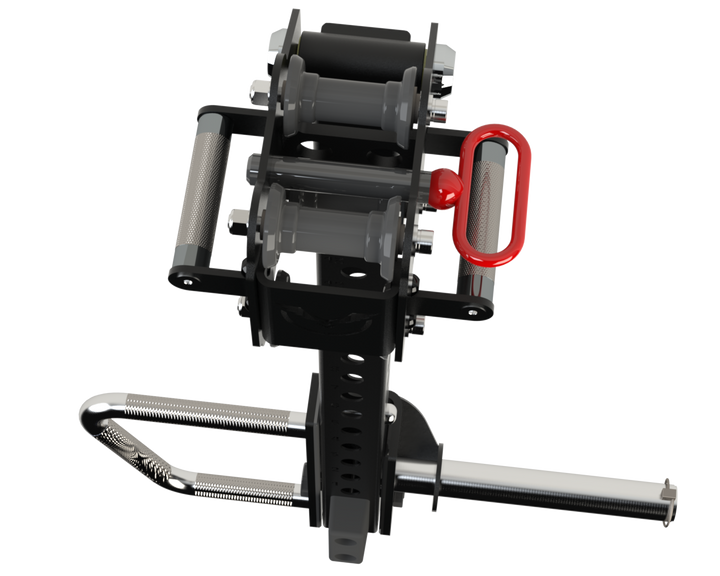 Rear view of a Defiant Strength jammer arm highlighting the mounting assembly and handle.