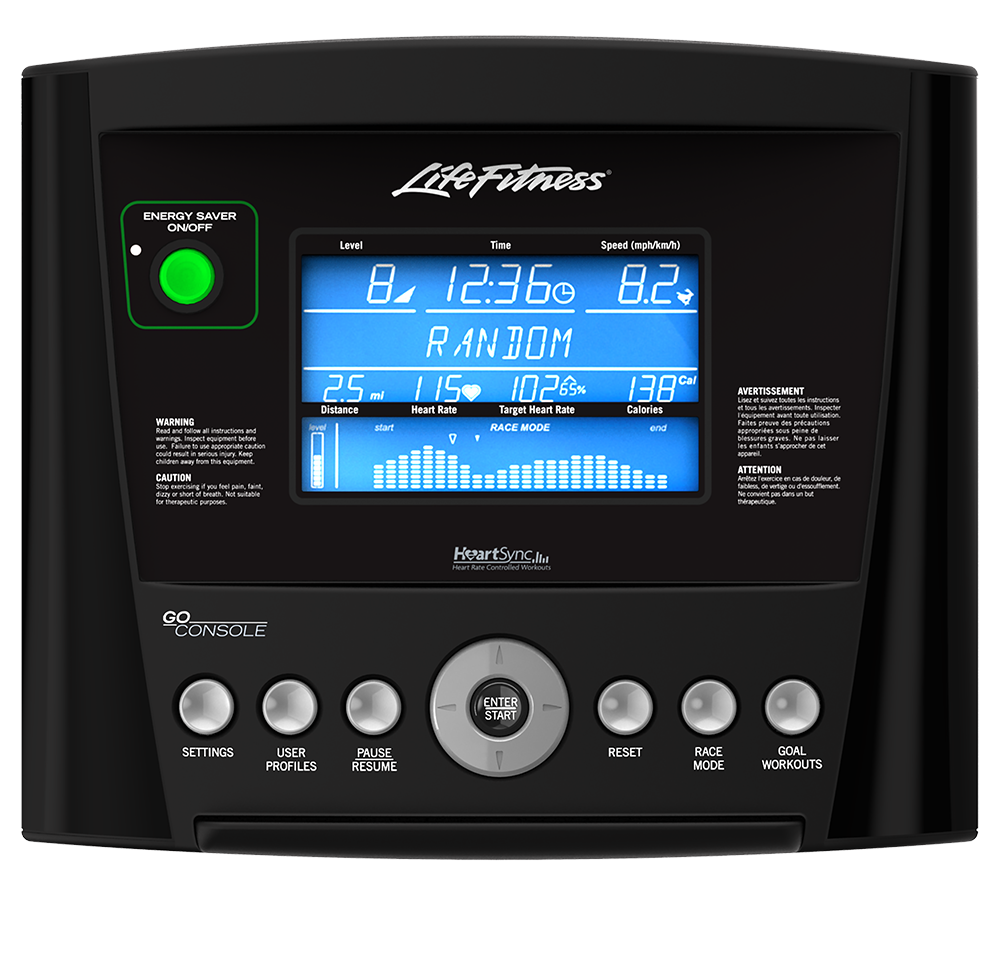 Life Fitness Go console for bikes and ellipticals display and controls for tracking workout performance during home cardio