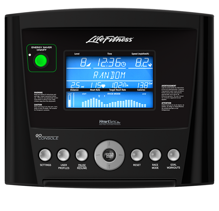 Life Fitness Go console for bikes and ellipticals display and controls for tracking workout performance during home cardio