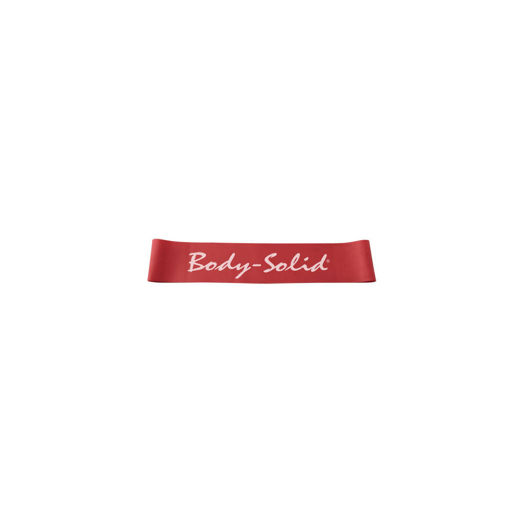 Red Body-Solid Tools mini resistance band representing medium resistance.
