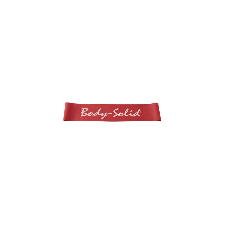 Red Body-Solid Tools mini resistance band representing medium resistance.