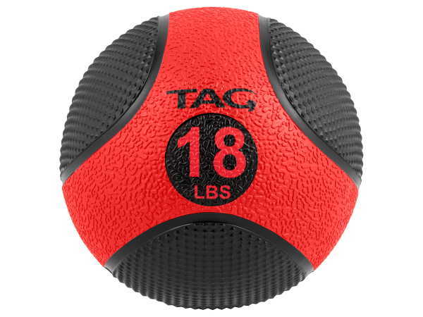 Red and black size 18 medicine ball with textured grip surface